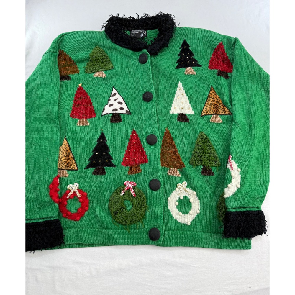 Berek‎ Takako Sakon Vintage Christmas Cardigan Green Tree Wreath Womens Medium